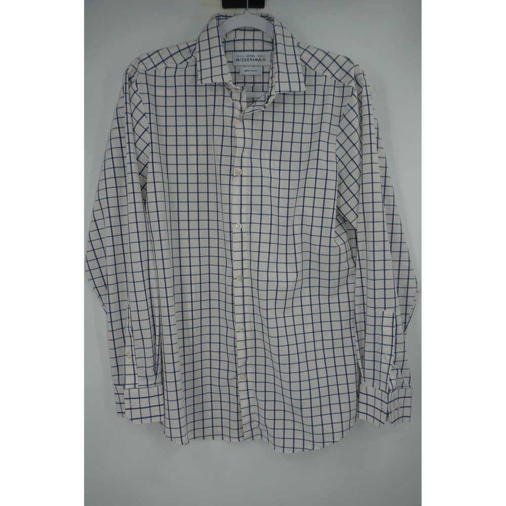 Mizzen+Main Leeward Shirt Men's Medium White Blue Windowpane Trim Fit Dress‎
